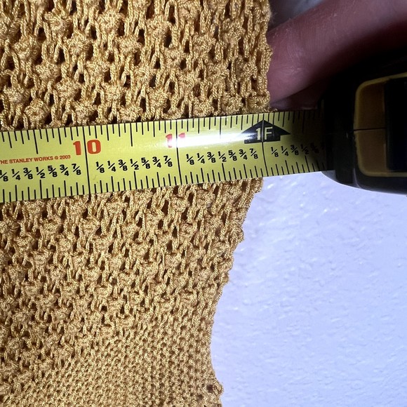 Sz XS Short-Sleeve Button-Up Blouse Mustard Yellow Open-Knit Eyelet - Picture 11 of 11